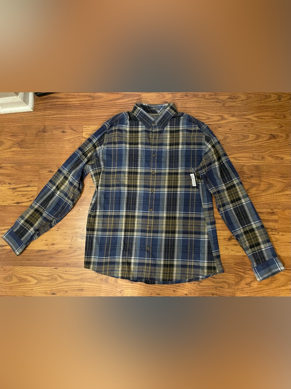 Eddie Bauer Men’s Blue and Olive Plaid Button-Down Shirt